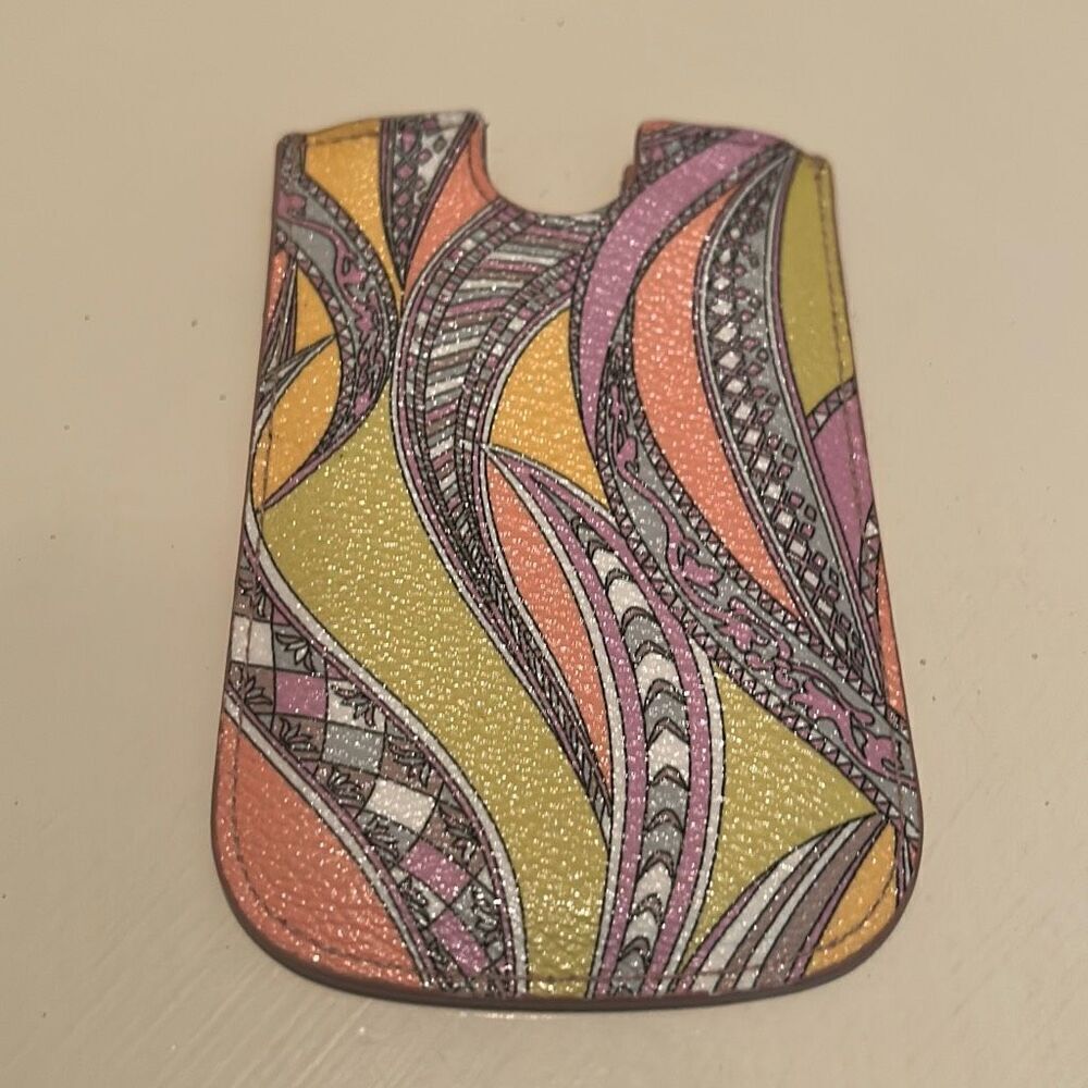 Emilio Pucci Cardholder Pouch Vibrant Doodle Stripe Paisley Artsy Print Leather - Picture 2 of 6